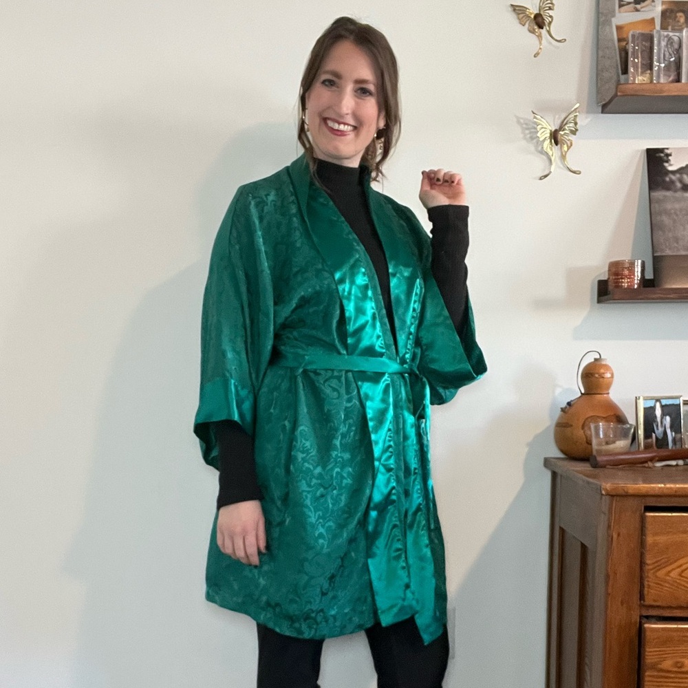 Victorias Secret Vintage 90s Gold Label Silken Nightgown Robe in Greenish Blue 🦚